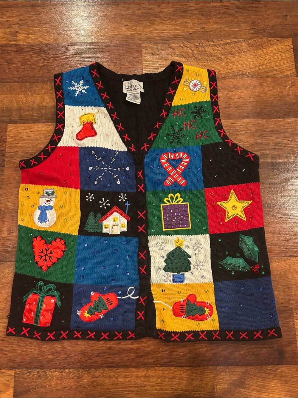 Vintage Basic Editions Sweater Vest Ugly Christmas Large Patchwork Holiday 90s